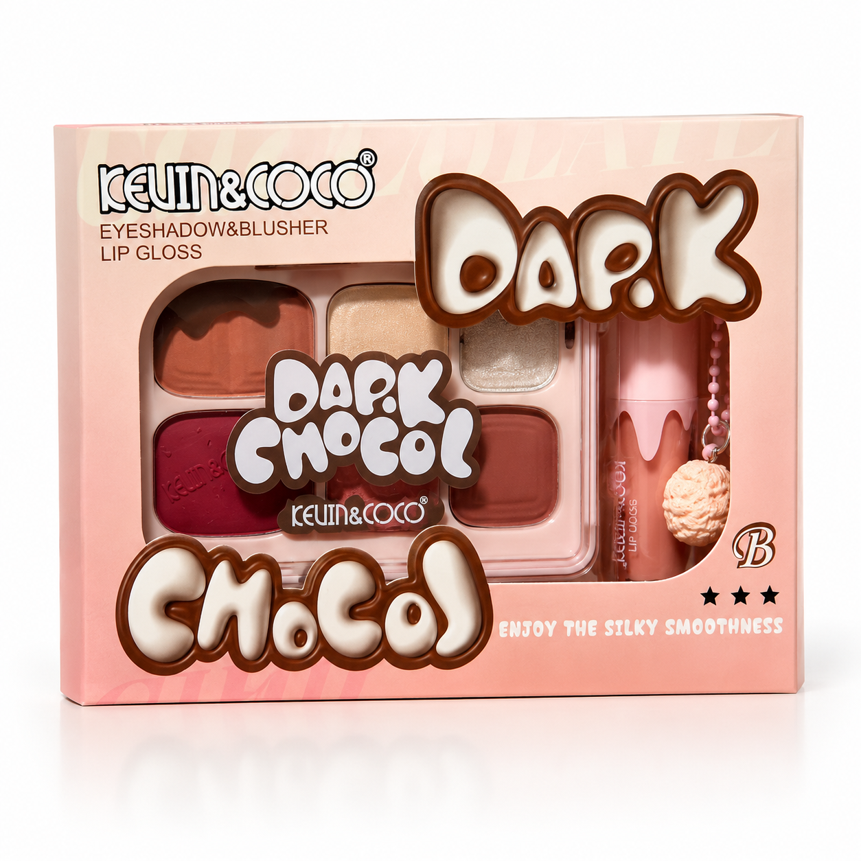 Set de sombra/ rubor o iluminador y lip glos Dark choco de kevin&Coco